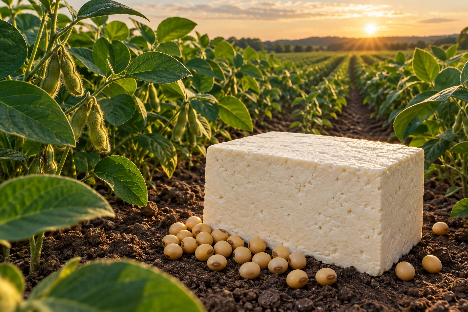 Campaign artwork: an oversized ivory tofu block standing among green soybean rows in golden light