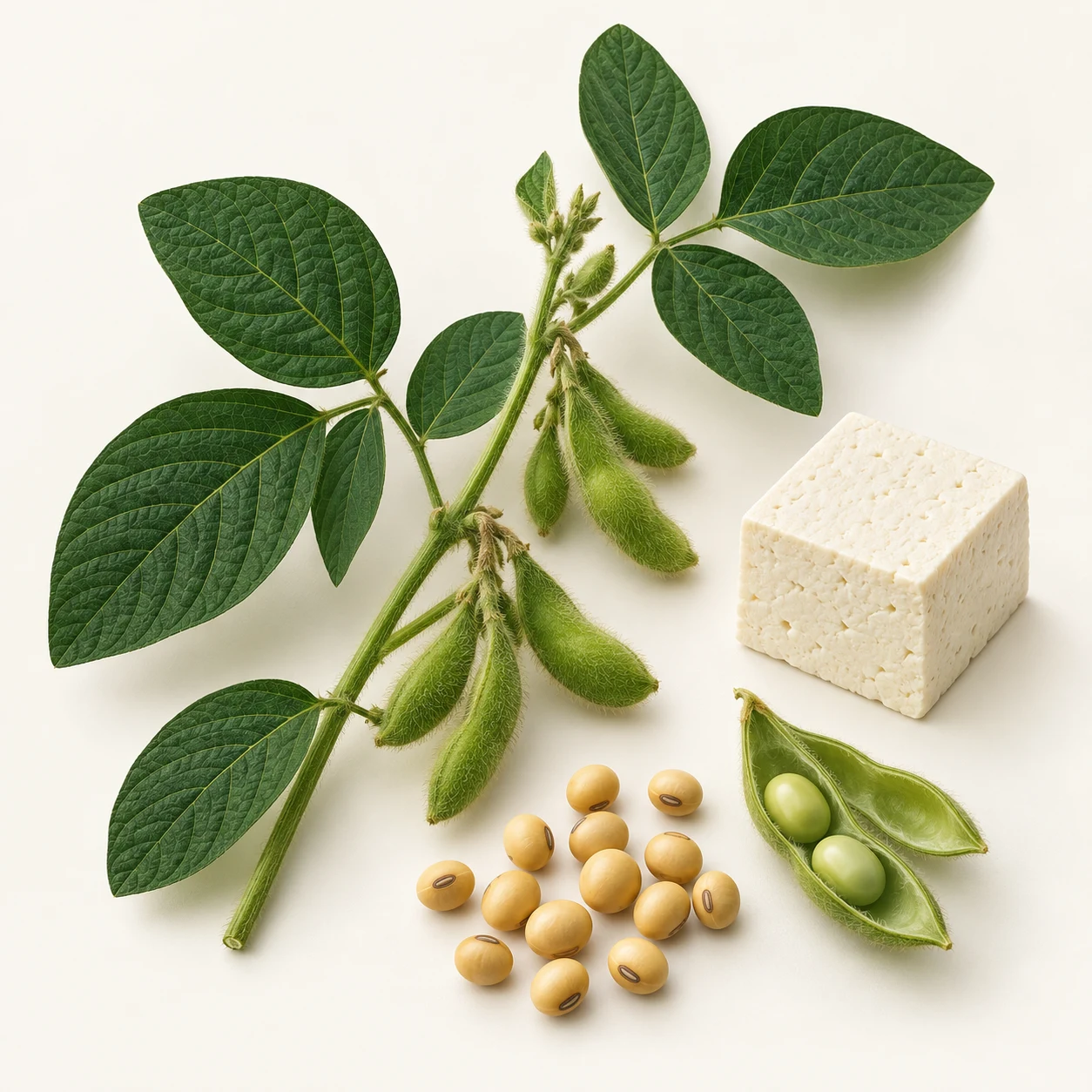 Illustrated study of a soybean sprig, green pods, dry golden soybeans and a small tofu block
