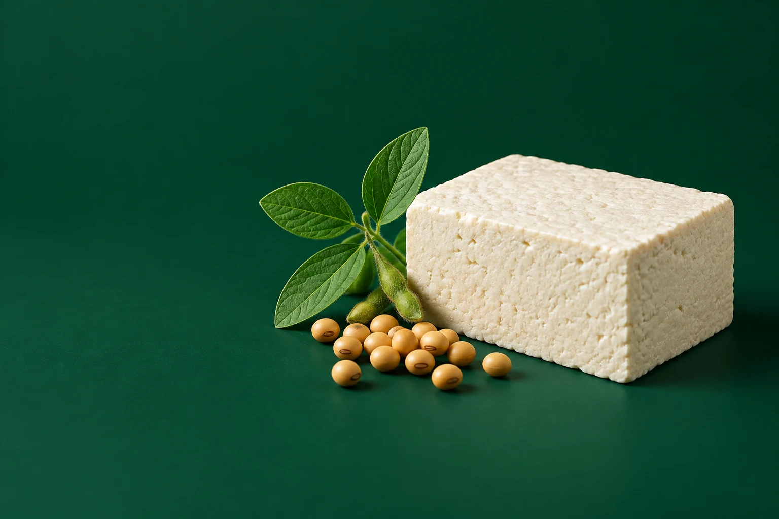 Campaign artwork of a tofu block, golden soybeans and soybean leaves