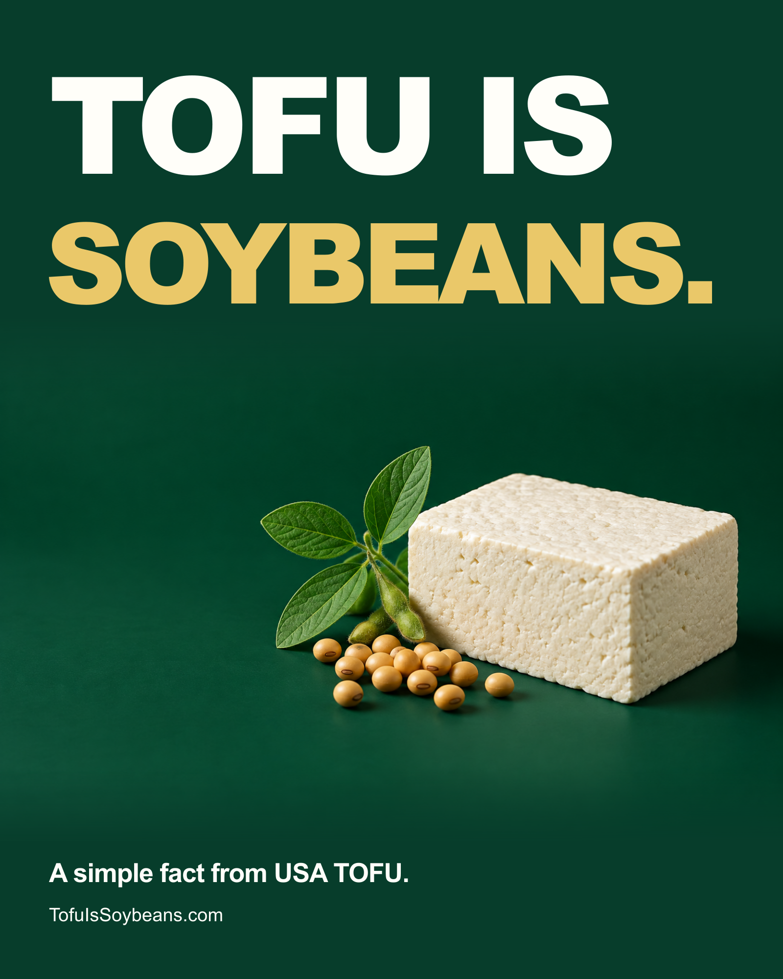 Tofu is soybeans. A simple fact from USA TOFU. National campaign poster with a tofu block and soybeans on deep green.